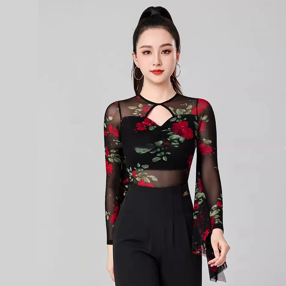 Damskie bluzki do tańca latynoamerykańskiego na występy, koszulki do tańca towarzyskiego, trykoty, bluzki z długim rękawem do walca, nowoczesne stroje taneczne, kostiumy, 2025