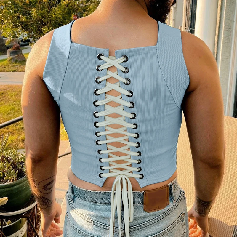 INCERUN Herren-Tanktops, einfarbig, O-Ausschnitt, ärmellos, Crop-Tops für Herren, Sommer, rückenfrei, mit Schnürung, Streetwear, lässige Herrenkleidung 2026