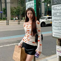 Chic Slash Neck Goldfish Long Sleeve T-shirts Women Fashion Slim Sexy All-match Young Cool Popular Tops Girls Hot Streetwear Ins