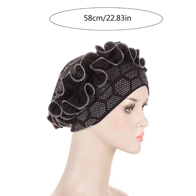652F Popular Muslims Turban Cap with Hot Drilling Ruffle Beanie Hat Exotic Flower Headwrap Hat Women Ethnic Indian Cap