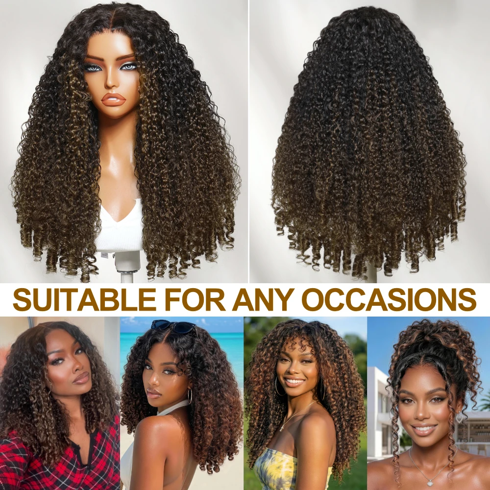 UNice 7x5 Bye-Bye Slip™ Chestnut Brown Ombre Burmese Curly Wig With Finger Coil Ends -Put On & Go Glueless Wig With Drawstring