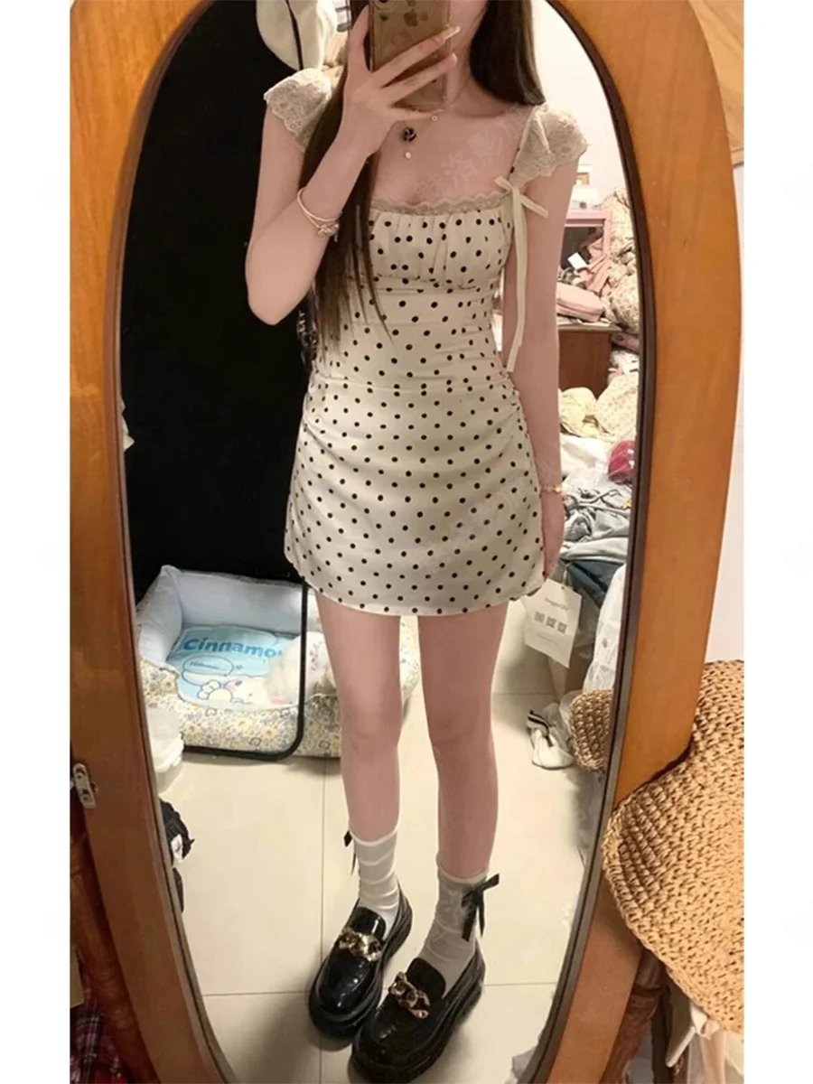 

Элегантное платье в горошек с кружевными вставками, приталенное, с завышенной талией, для подружек невесты, летнее, короткое, в корейском стиле, для повседневной носки