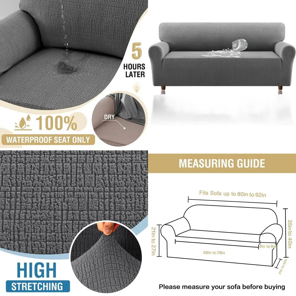 

Grey Stretch Sofa Cover with Waterproof Seat for Kids and Pets, Elastic Bottom, Large Size