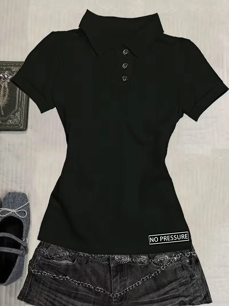 Camiseta Polo Negra Ajustada Estilo Y2K para Mujer, Ropa de Trabajo, Tops con Estampado Rojo