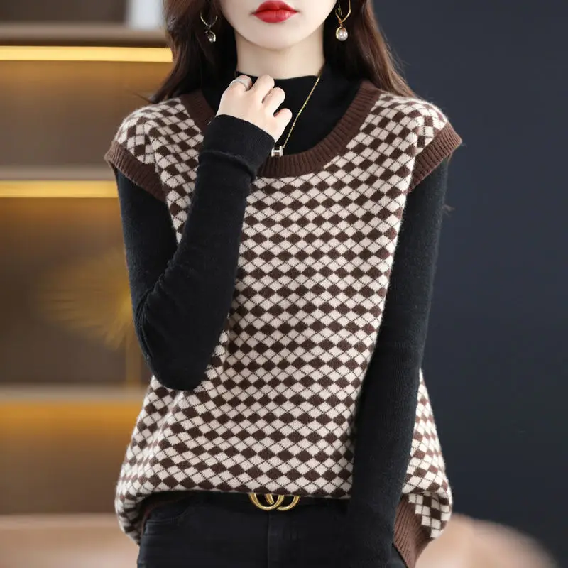 Women Argyle Simple Style All Match Sleeveless Knitted Sweater Vests Female Casual Loose Outerwear Waistcoat Jumper Clothing2023