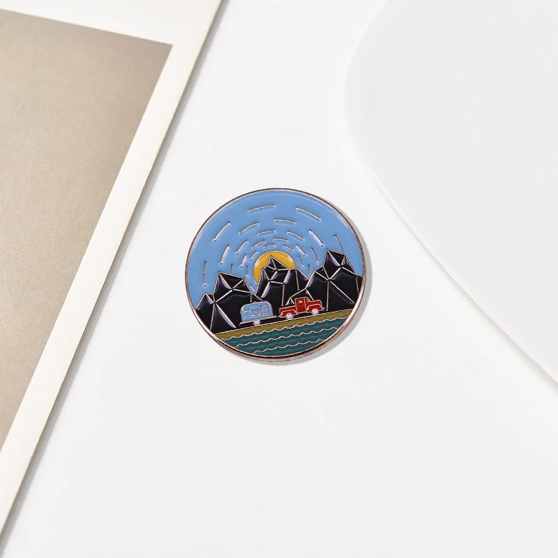 Beautiful outdoor adventure enamel pins, natural scenery brooches, RV travel fantasy badges, explorer gift collections