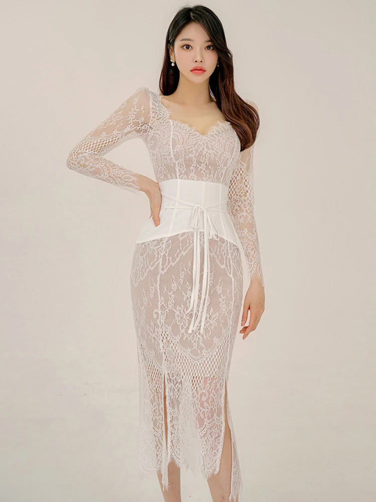 

New Fashion Sweet Lace Pencil Long Dress Women Clothes Elegant Office Sheer Sexy V-Neck Slim Midi Party Prom Vestidos Robe Femme