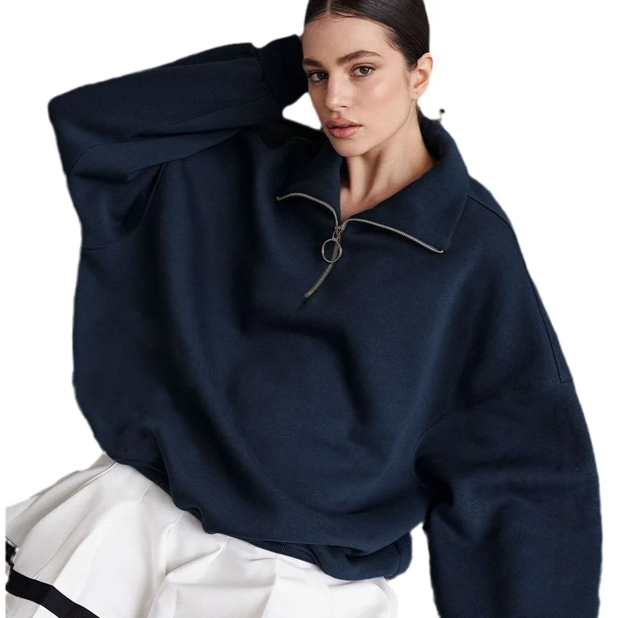 2025V Neck Zipper Autumn Winter Street Trend Solid Color Loose Casual Lazy Style Lapel Zipper Hooded Women's Clothing Sweatshirt