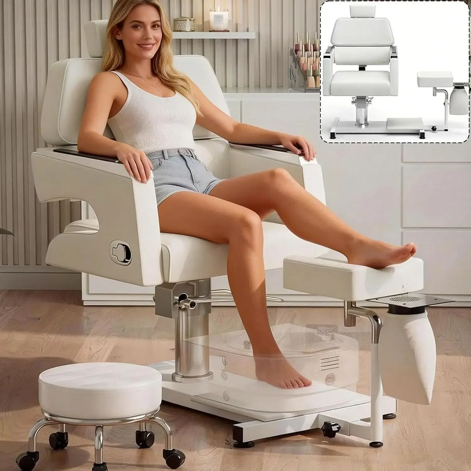 Hydraulic Pedicure Chair No Plumbing for Nail Tech with Foot Spa & Stool, Upgraded Adjustable Pedicure Unit Footrest with Dust C