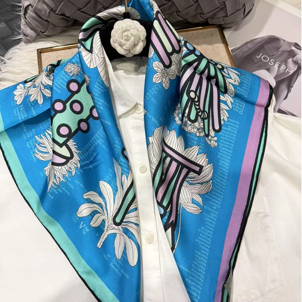 Peacock Blue Women's 100% Mulberry Silk Scarf Spring Fall New Luxury Hand-painted Design Satin Square Silk Neck Scarves 65*65cm