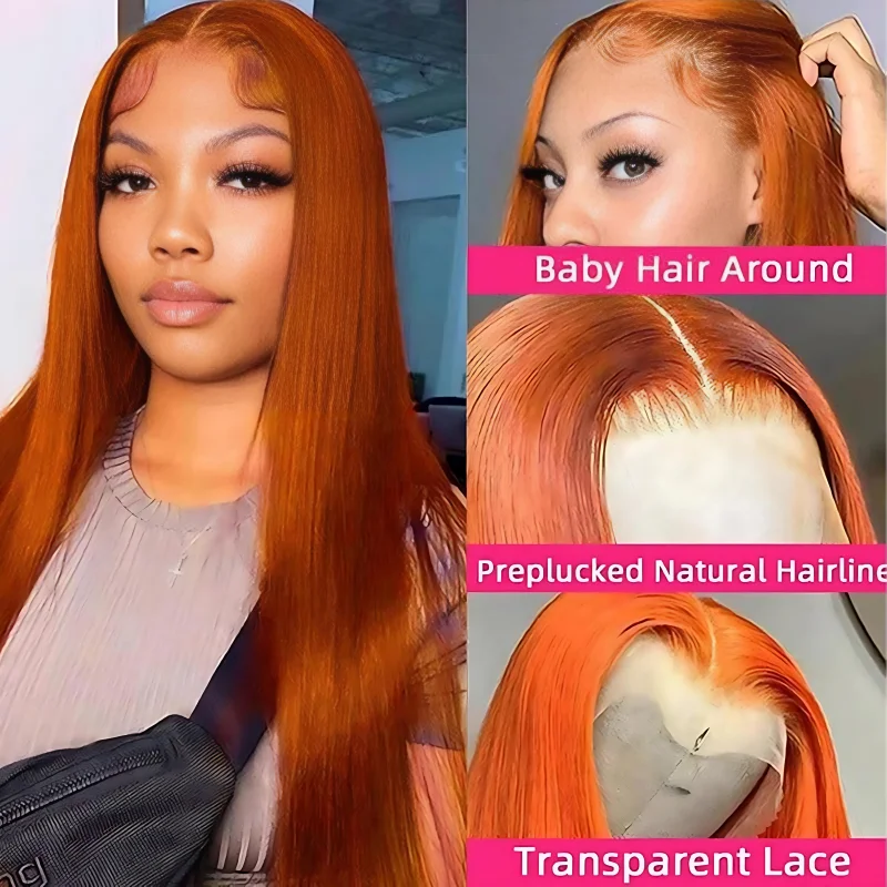 13x4 شعر مستقيم 180% كثافة البرازيلي شعر بشري لعذراء للنساء 350 الزنجبيل البرتقالي الدانتيل الجبهة الباروكات #6