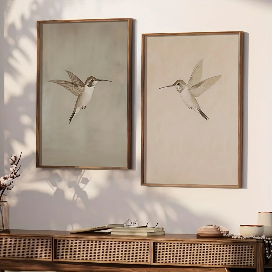 2pcs Vintage Beige Bird Canvas Wall Art Posters, Unframed Neutral Minimalist Wall Art Prints for Living Room, Bedroom Decortions