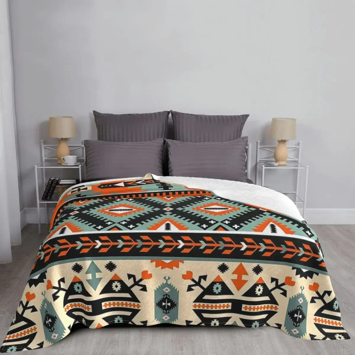 Boho Navajo Pattern Throw Blanket, Fleece Blanket Super Soft Cozy Lightweight Comfort Warm for Sofa Bed Couch Queen King Size