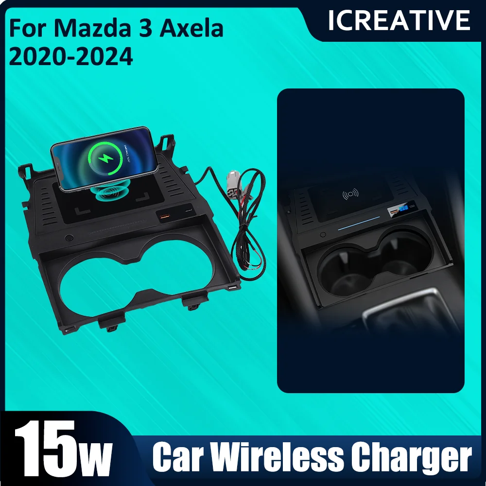 Induction Charging Pad QI 15W Fast for iPhone Wireless Charging Car Accessorie for Mazda 3 Axela 2020 2021 2022 2023 2024 LHD
