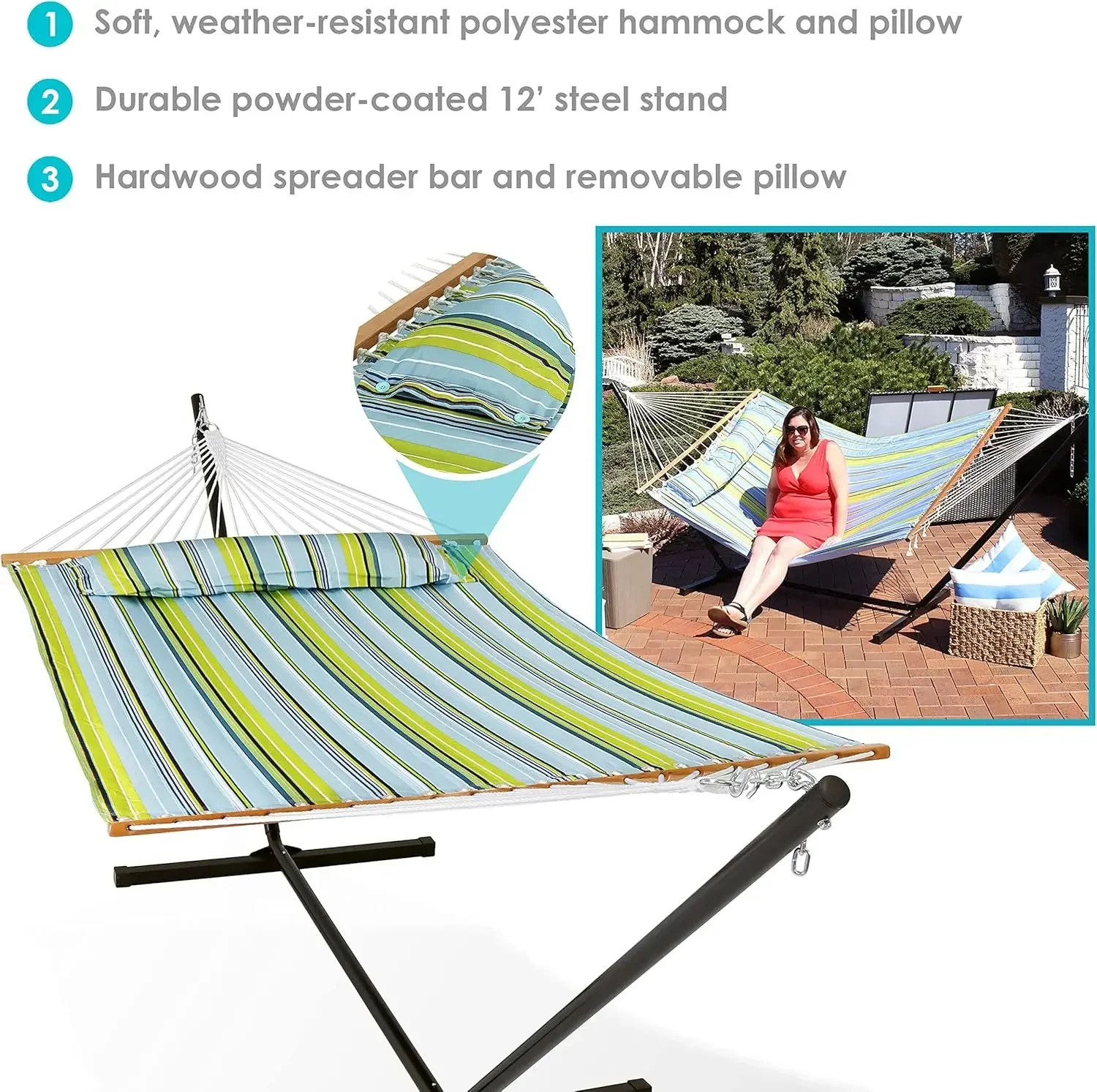 Double Quilted Fabric Hammock with 12-Foot Stand and Pillow - 350-Pound Capacity - Black Stand - Blue and Green