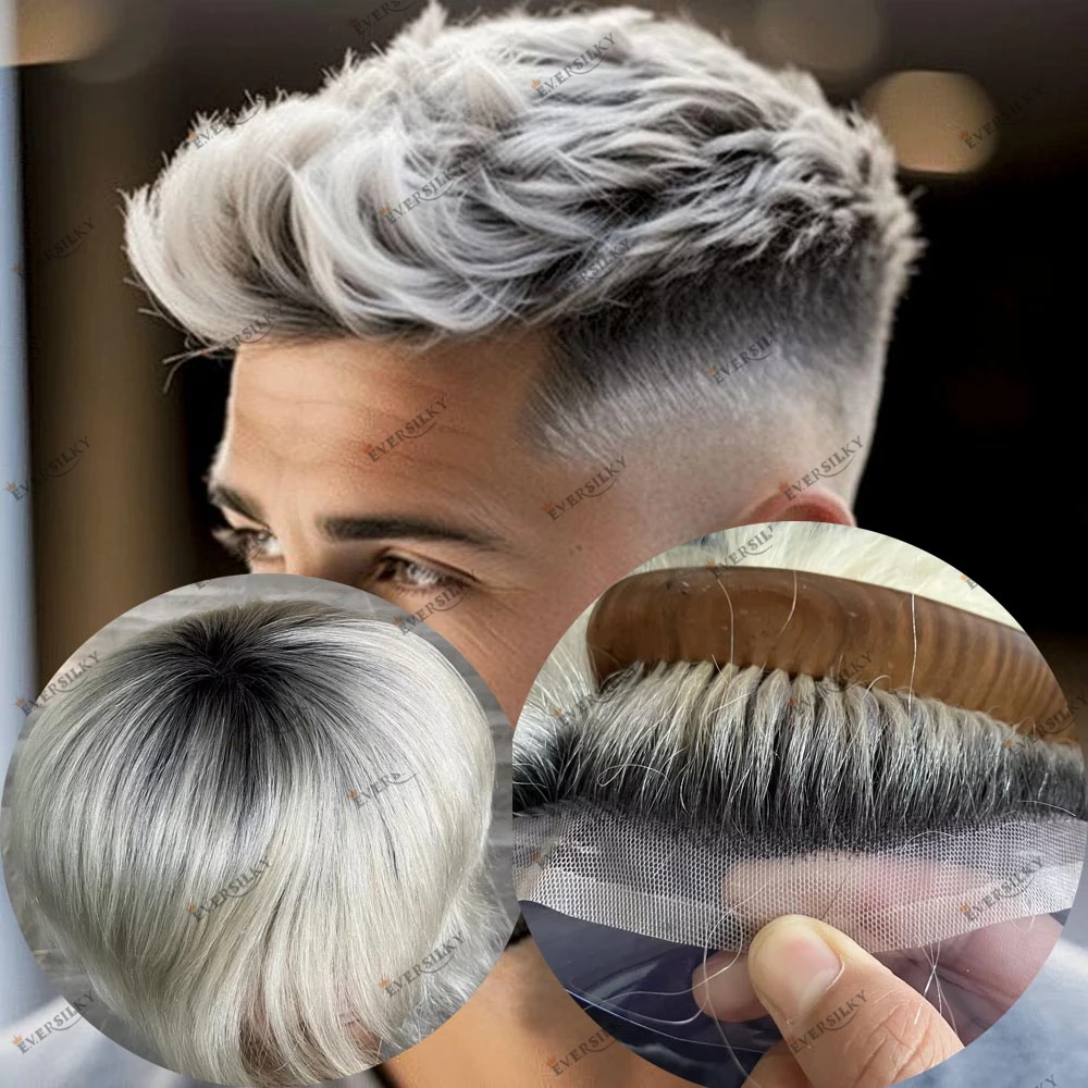 شعر بشري طبيعي ناعم كامل الدانتيل للرجال شعر مستعار لتساقط الشعر جذور سوداء أومبير البلاتين شقراء نظام استبدال الشعر الذكور