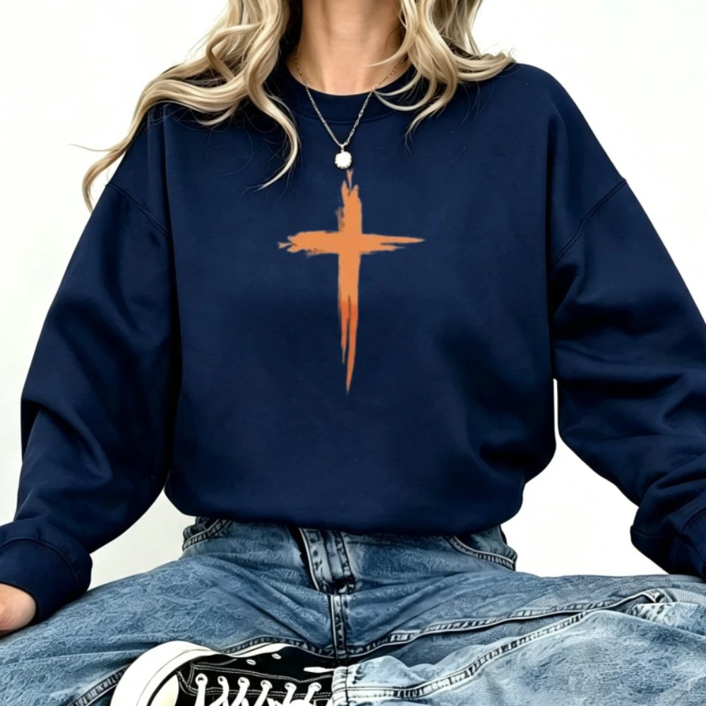 Orange Cross Sweatshirt Women Christian Graphic Navy Long Sleeve Crew Neck Vintage Casual Fall Winter Daily Friends Family Gift