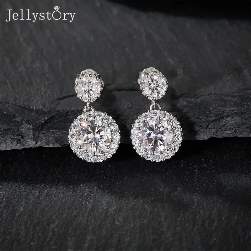 

JellyStory New Luxury Round Bag Moissanite Earrings Full Diamond Drop Studs High-End Fashion Temperament Jewelry for Women