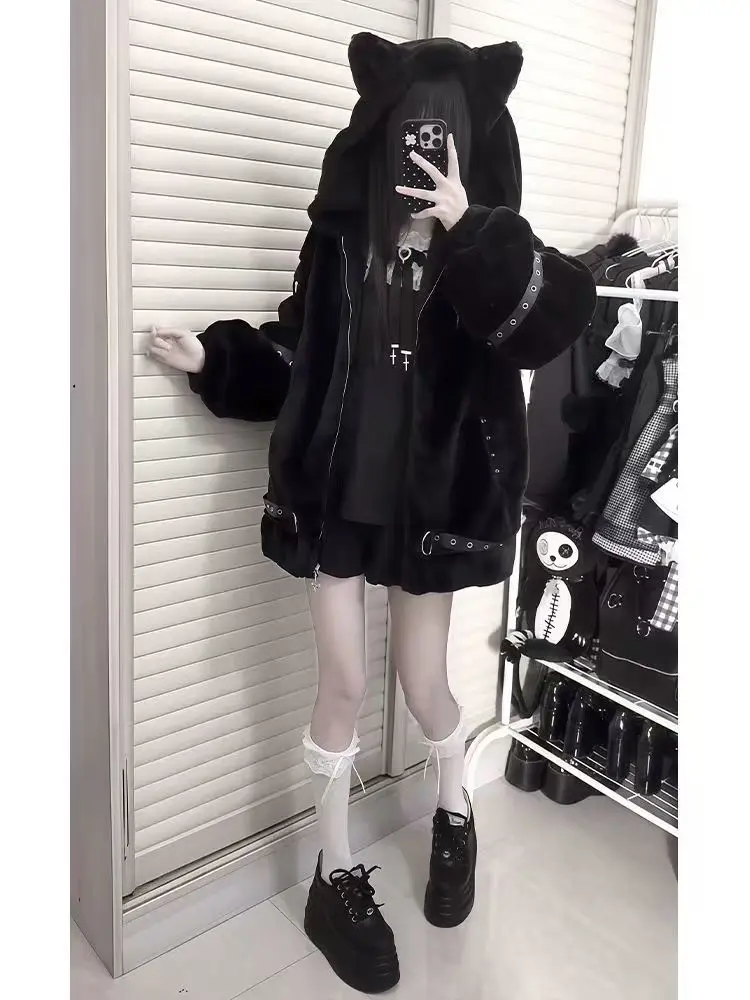Autumn Winter Oversized Warm Faux Fur Coat Women Hood Harajuku Punk Fashion Fluffy Jacket Streetwear 2025 Subculture Streetwear