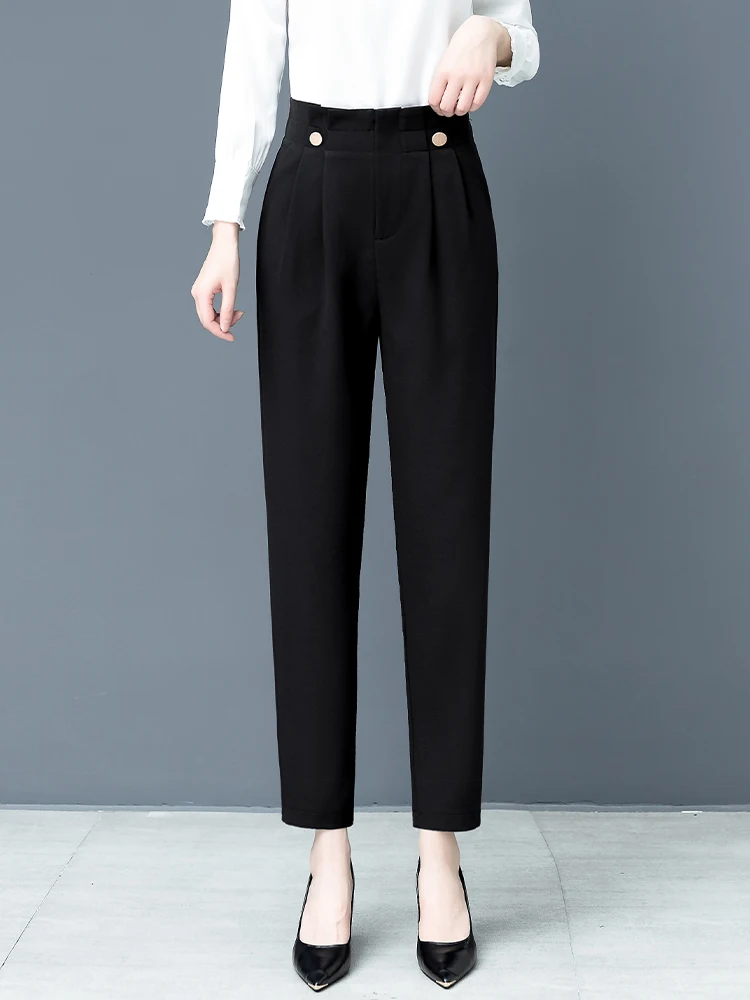 

Black High Waist Loose Harem Pants Women's Spring Autumn New Style Nine Points Casual Cigarette Pants Commute Style Korean Ve...