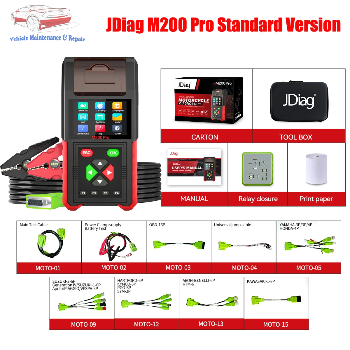 JDiag M200 Pro Diagnostic Tools For Universal Motorcycle with Honda ECU Remap Scanner Battery Tester ABS System Fault Codes