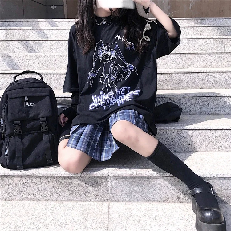 Women Girl T Shirt Goth T-shirt Anime Graphic Tshirt Streetwear Tee Tops Fairy Grunge Clothes Emo Clothing Gothic Black 2024