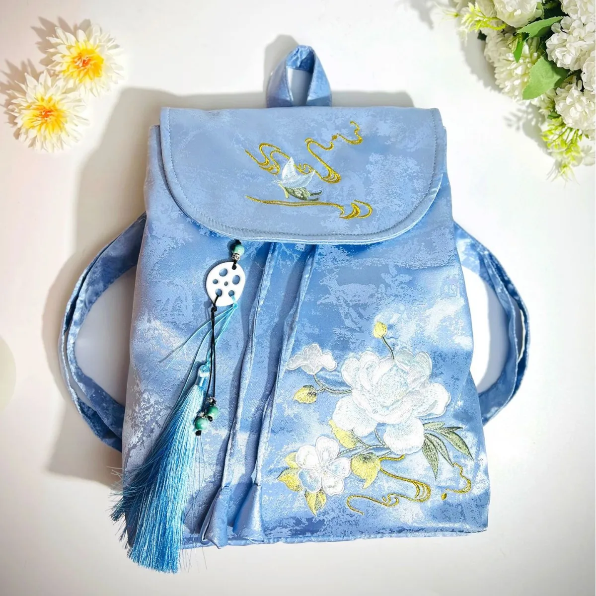 Lightweight polyester Chinese-style embroidered backpack, waterproof girls' small schoolbag
