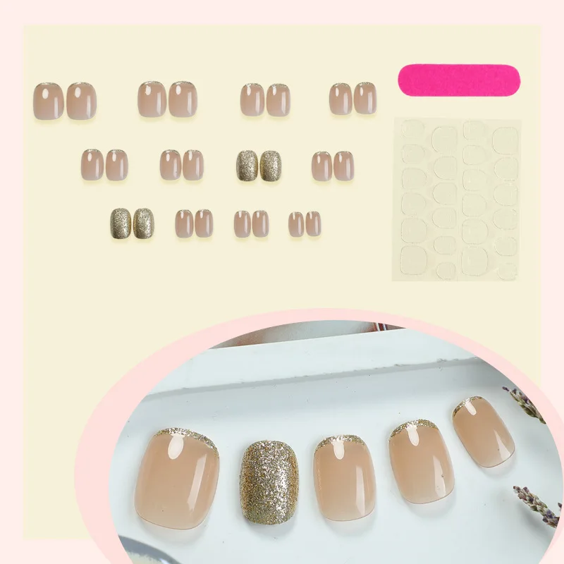 24pcs Summer French Gold Sparkling Powder Press on Nails Square Manicure Wearable Nail for Women and Girls False Nail