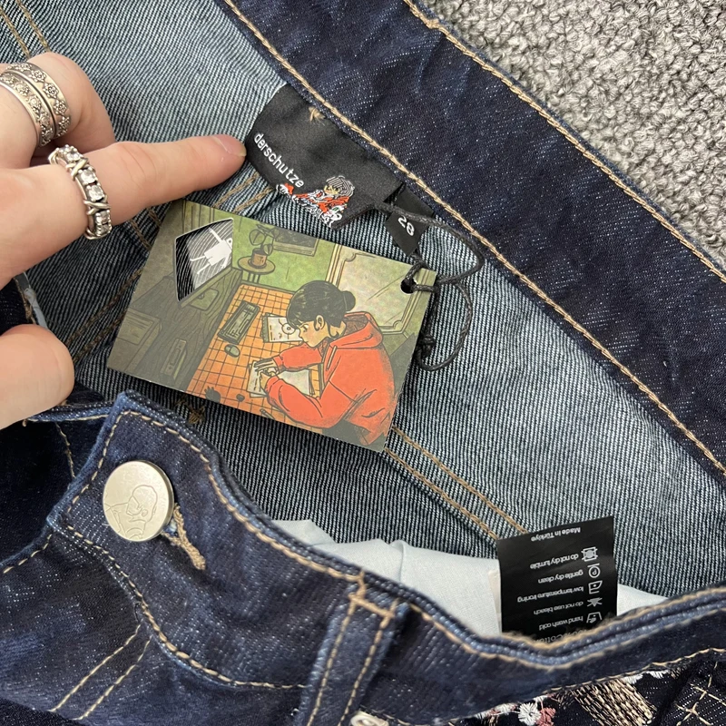 2025 신상 데르슈츠제 진 레트로 힙합 자수 패턴 배기 진 벚꽃 원시 데님 바지 남녀공용 Y2K 스트리트웨어