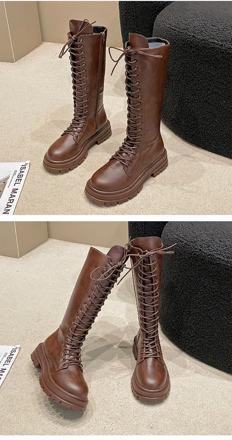 Damen Ritterstiefel Plateau Chunky Schuhe Mode Kniehohe Stiefel Elegant 2025 Winter Neue Marke Schnürschuhe Gladiator Botas – Detail 14