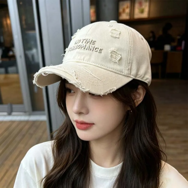 New Style Distressed Washed Baseball Cap with No Time For Romatic Embroidery, A Slim Visor Hat That Makes Your Face Look Smaller
