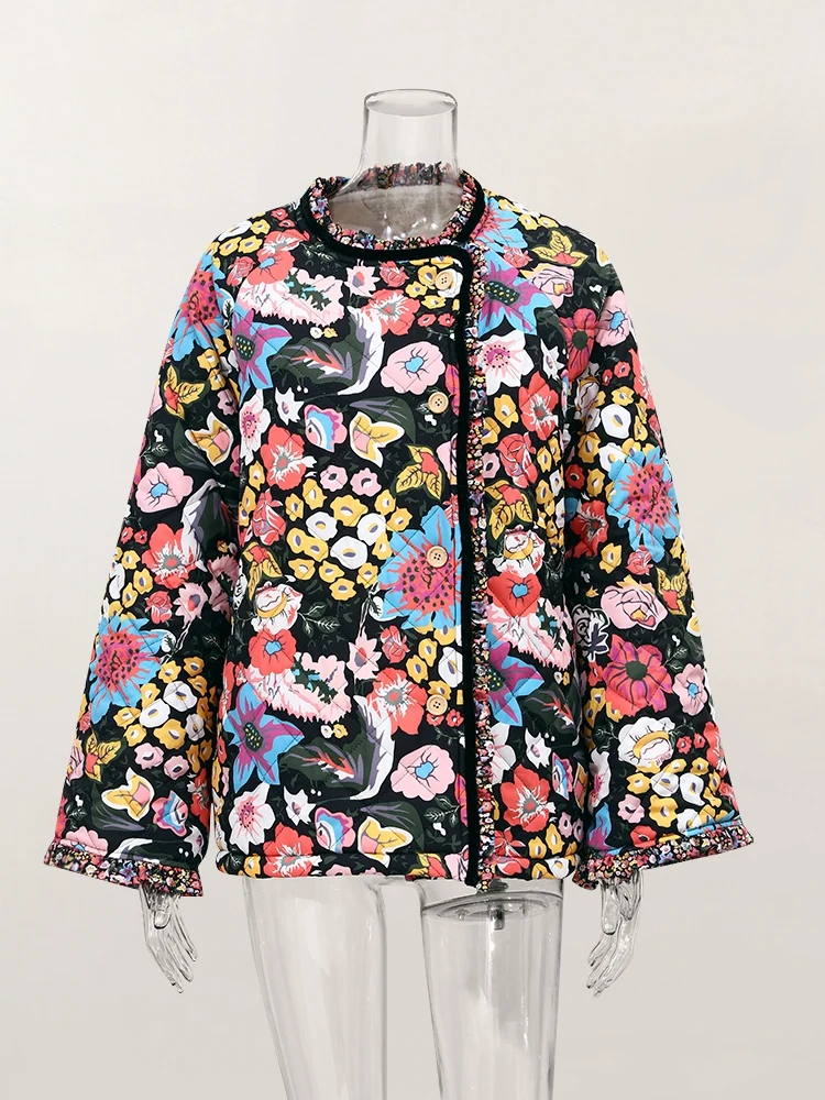 Casaco feminino emendado estampado com flores, manga comprida, jaqueta de algodão grosso quente, streetwear elegante, moda casual, outono, inverno,