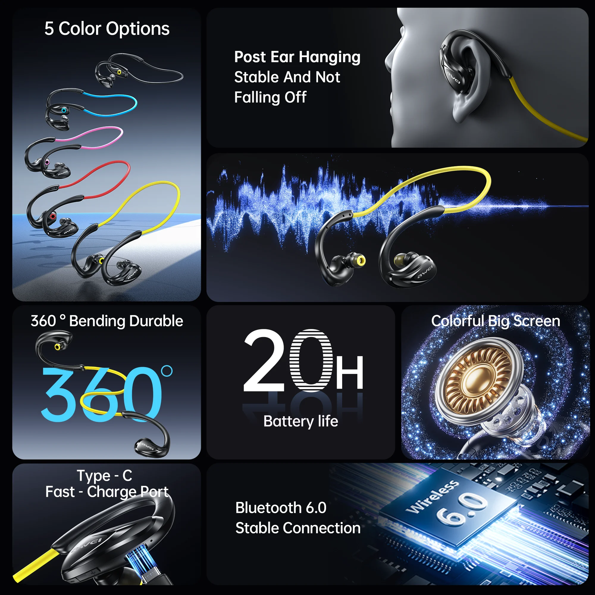 سماعات رأس بلوتوث Awei A880Pro بشريط حول الرقبة، بلوتوث 6.0، IPX4 مقاومة للماء، شحن سريع من النوع C، وقت تشغيل 20 ساعة، شحن IC Protec