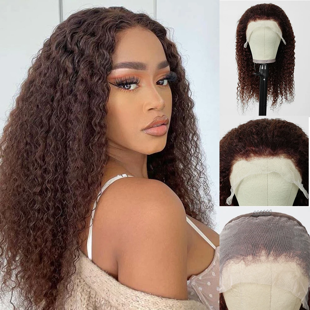 

Afro Kinky Curly Human Hair Wigs 13X4 HD Transparent Lace Remy Human Hair 26inch Chocolate Brown Wigs for Black Women Brazilian