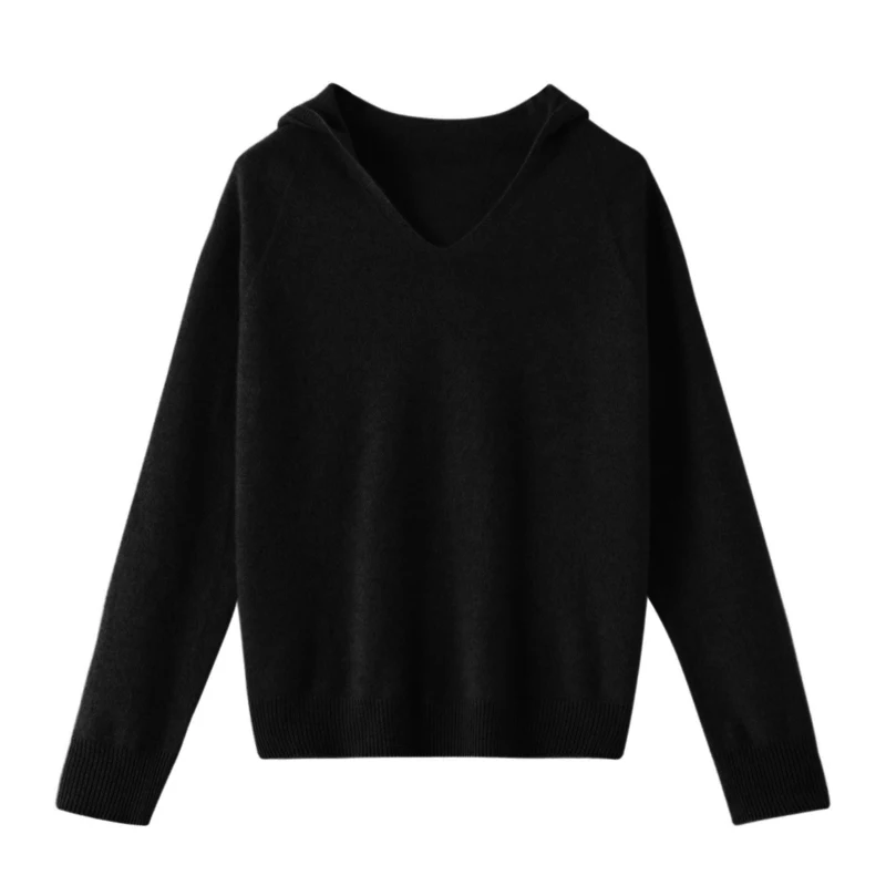 Autumn/Winter new cashmere sweater for women 100% Merino wool fashion V-neck hooded autumn warm jumper top