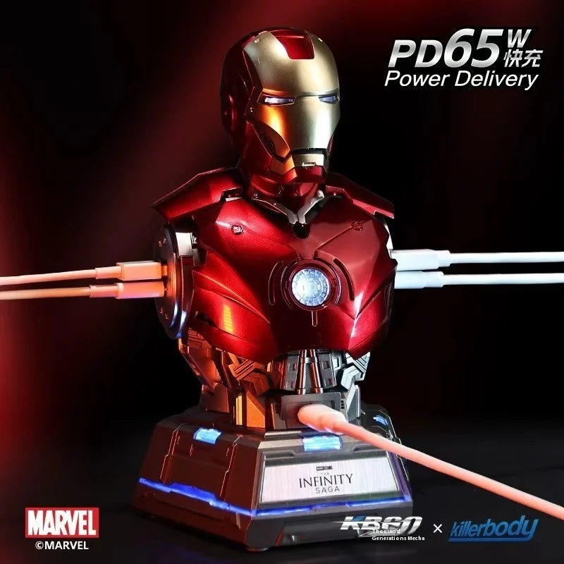 Action figure Iron Man MK3 Busto con hub di ricarica rapida da 65 W Marvel Avengers LED Light-Up da collezione Multi-Port USB-C Ricarica