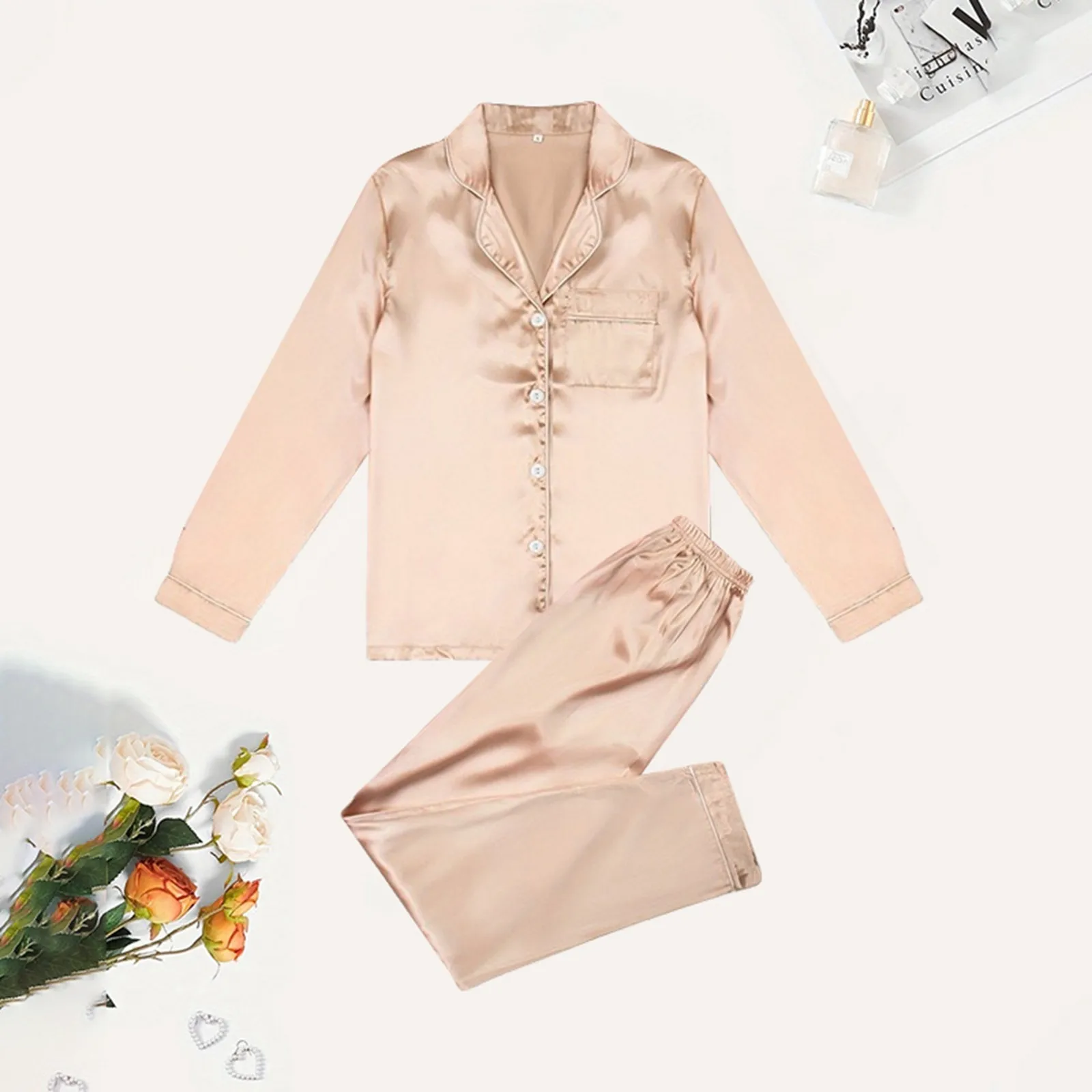 

Women's Satin Colored Home Dress Cardigan Lapel Imitation Silk Long Sleeve Pajamas Solid Comfy Satin Thin Women's Sleepwear