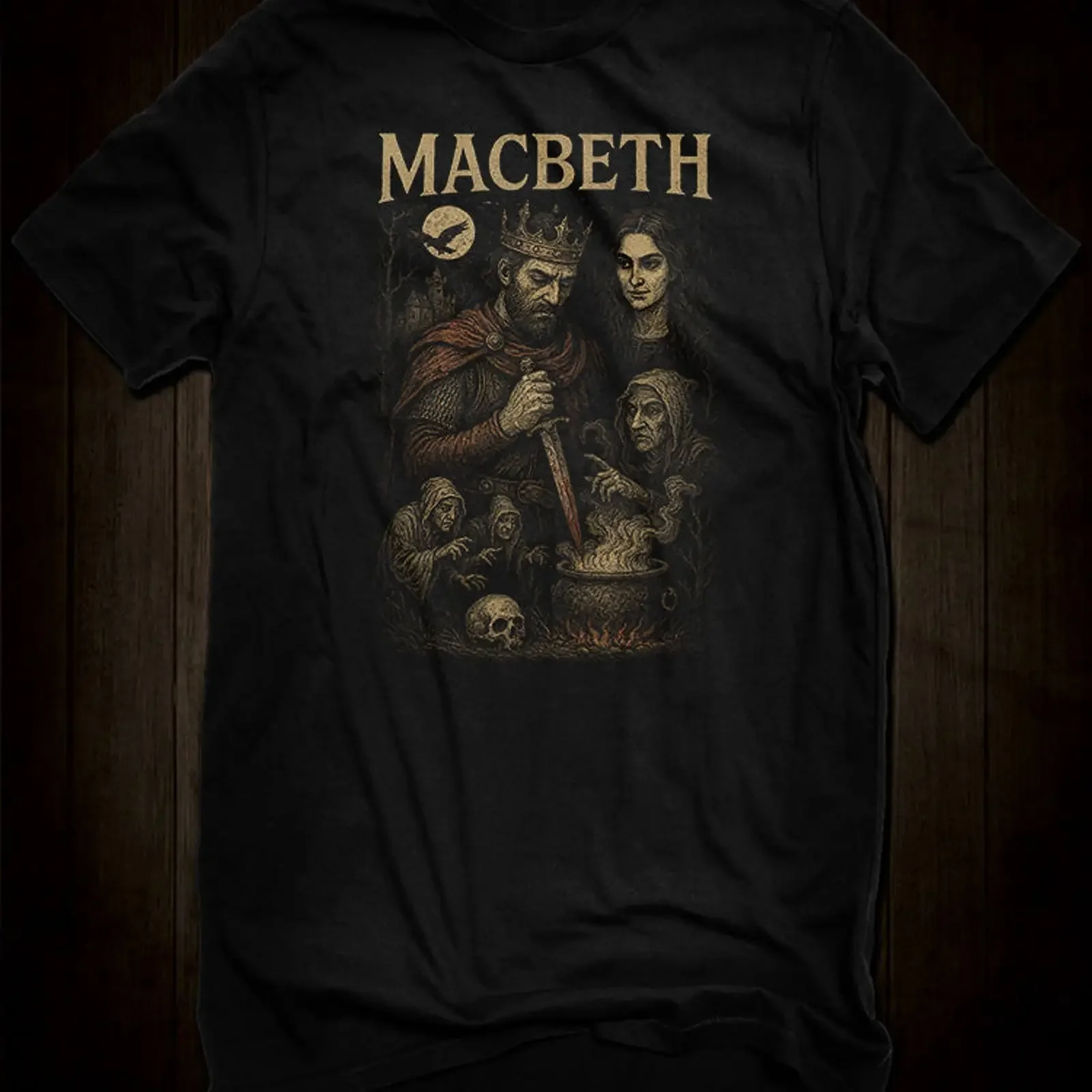 Macbeth witches cauldron dark fantasy illustration vintage Washed Unisex homme fashion Top For Everyday Wear Soft graphic