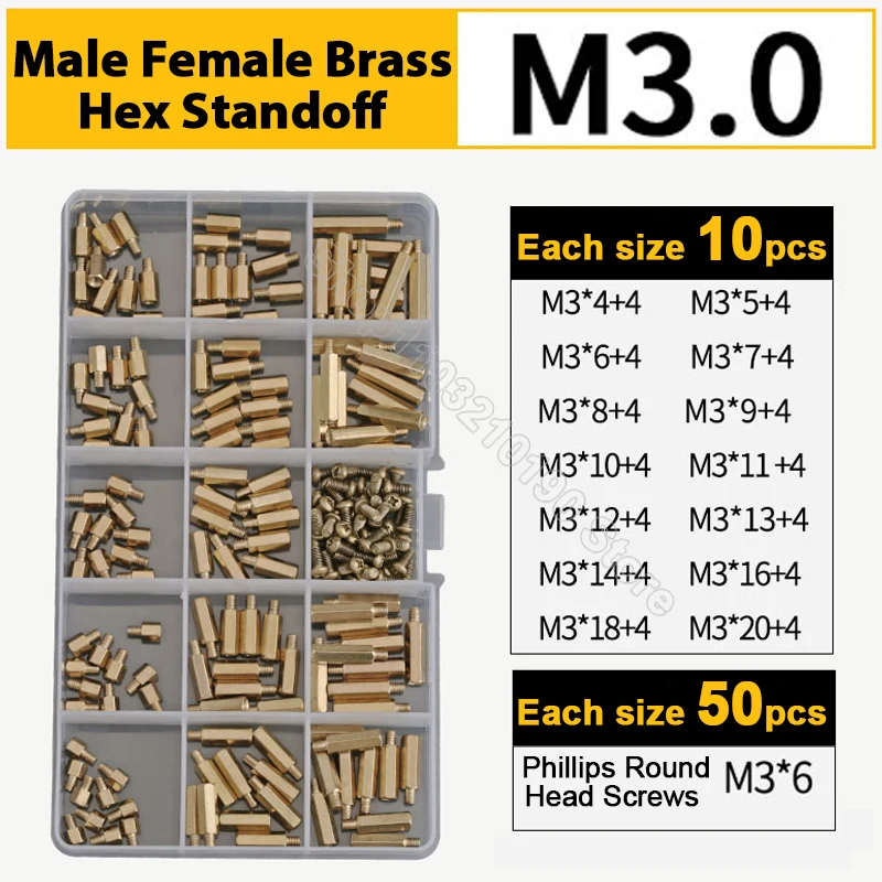 

190pcs/set M3 Brass Standoff Hex Column Spacer Screw Motherboard Hexagon Pillar Male Female for PCB Circuit Board Assortment Kit