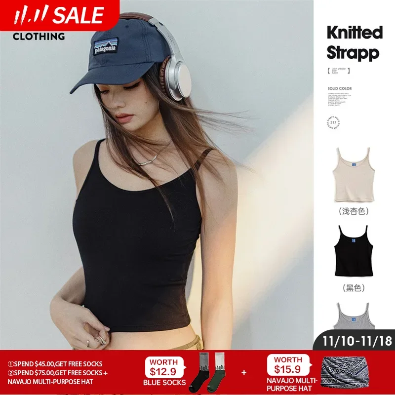 Maden Knit Camis Vest for Women Solid Color Camisole Innerwear Summer Versatile Sleeveless Outerwear Tops Black Crop Top