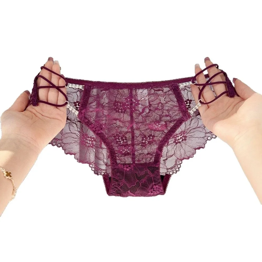 Breathable Low Waist Lace Zircon Panties Transparent Thin Strap Underwear for Women Flower Cotton Crotch Mesh Lace Briefs Summer