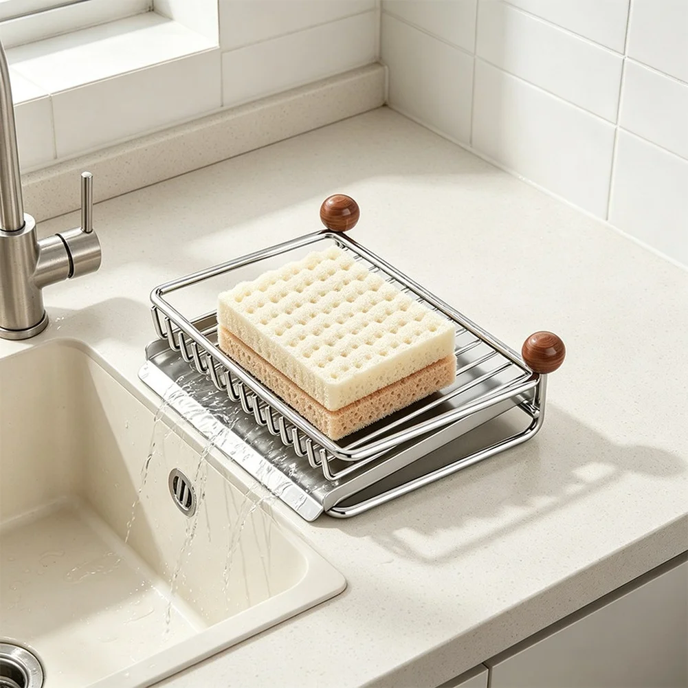 Countertop Stainless Steel Soap Holder with Wooden Beads and 45 Degree Sloped Base for Reliable Water Evacuation