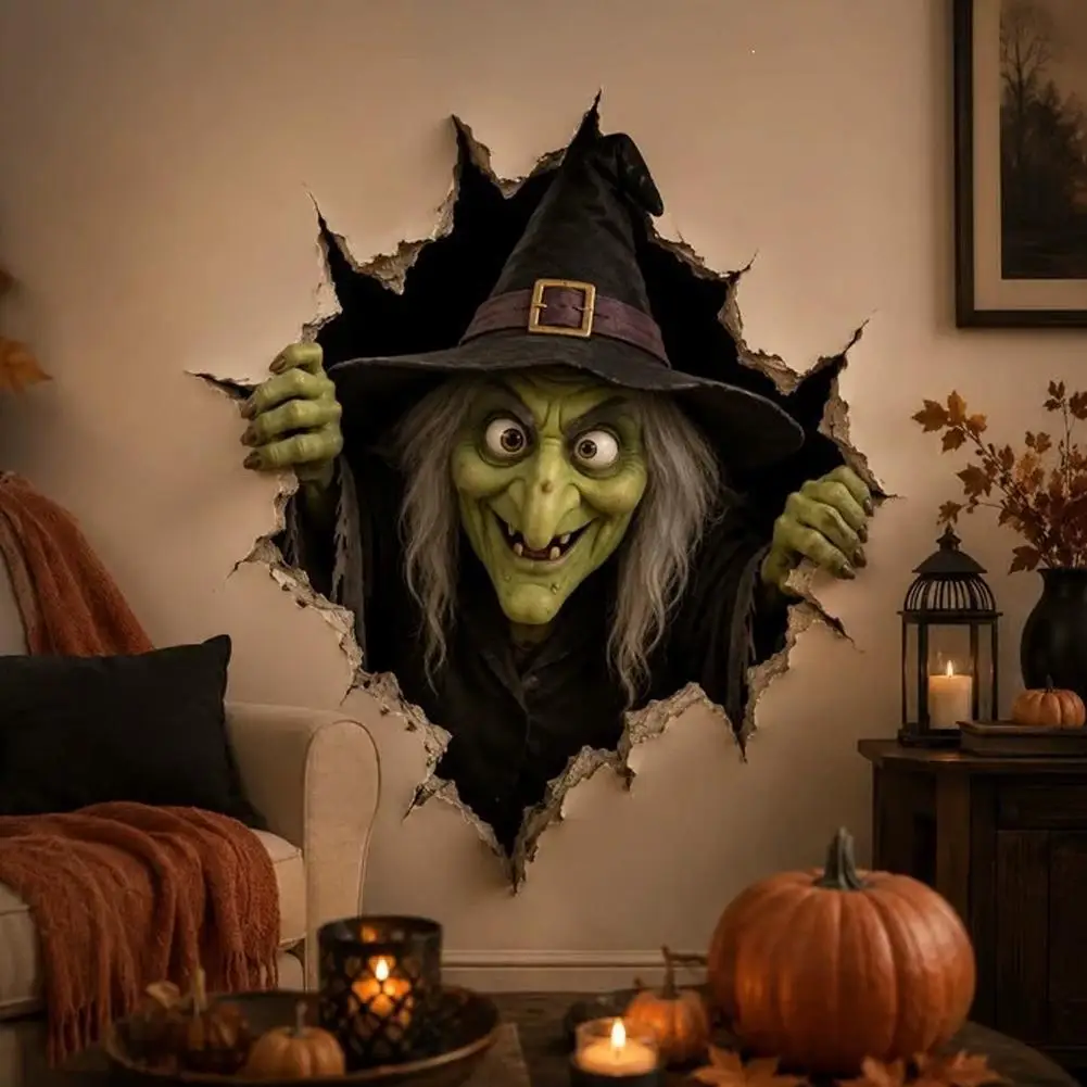3D Illusion Evil Witch Scary Halloween Wall Stickers, Broken Wall Decal for Spooky Party Decor, Creepy Horror Atmosphere Poster
