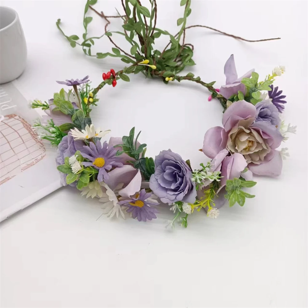 Purple Simulation Flower Wreath Hair Band Bohemian Rose Daisy Crown Hairband Spring Bride Wedding Party Tiara Accessories Decor