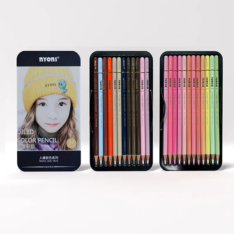 24 Color Skin Tone Oil Based Colored Pencil Set in Metal Tin Box, Portrait and Figure Drawing Pencils for Art Students