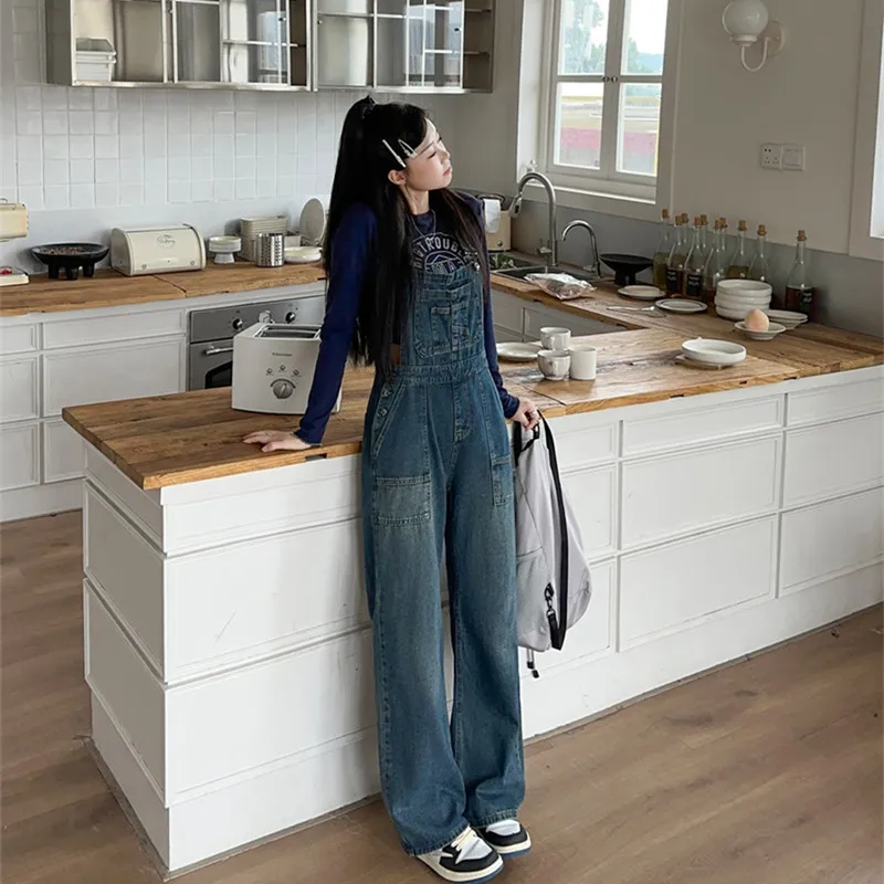2025 New Waed Denim Overalls Women's Loose Workwear Design High Waist Long Pants Cotton 00% No Stretch Blue Color