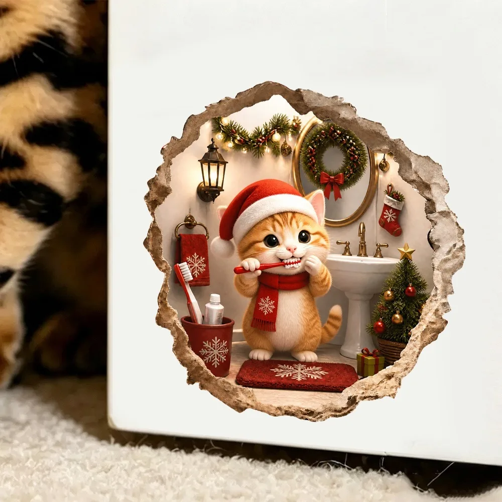 3D Visual Crack Christmas Wall Sticker Self‑adhesive Decal Santa Snowman Elk Pattern Living Room Xmas Home Party Wall Decor Gift