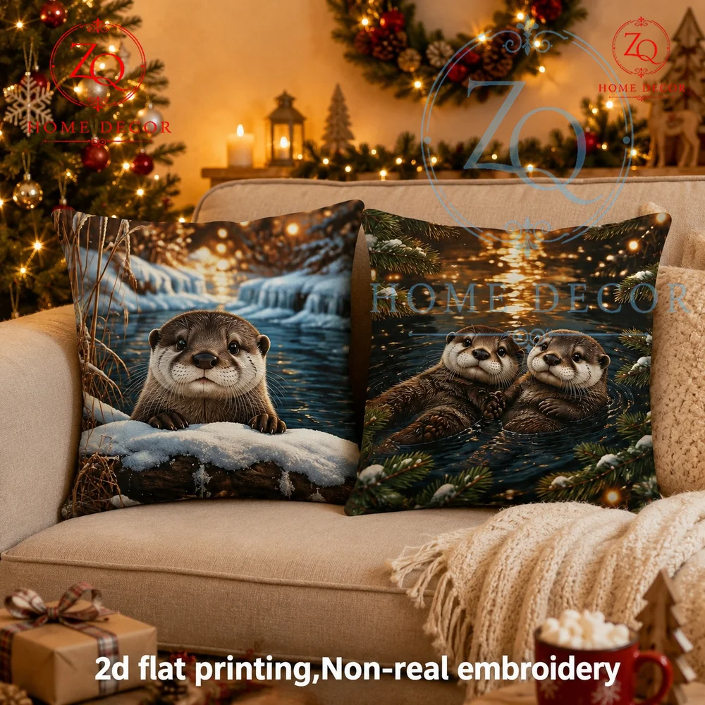 Winter Cozy Otter Throw Pillow Cover Cute Wild Animal Winter Lake Scene Cushion Case  Christmas Home Decor