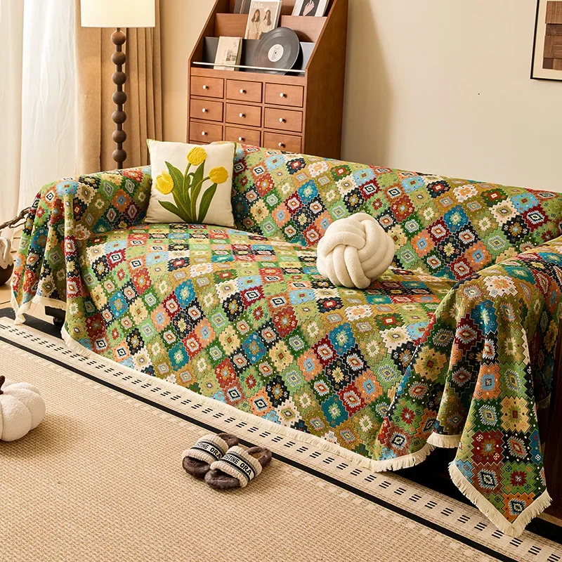 Bohemian Jacquard Cotton Linen Sofa Cover All-Season One-Piece Anti Scratch Sofa Towel Color Plaid Multifunctional Blanket