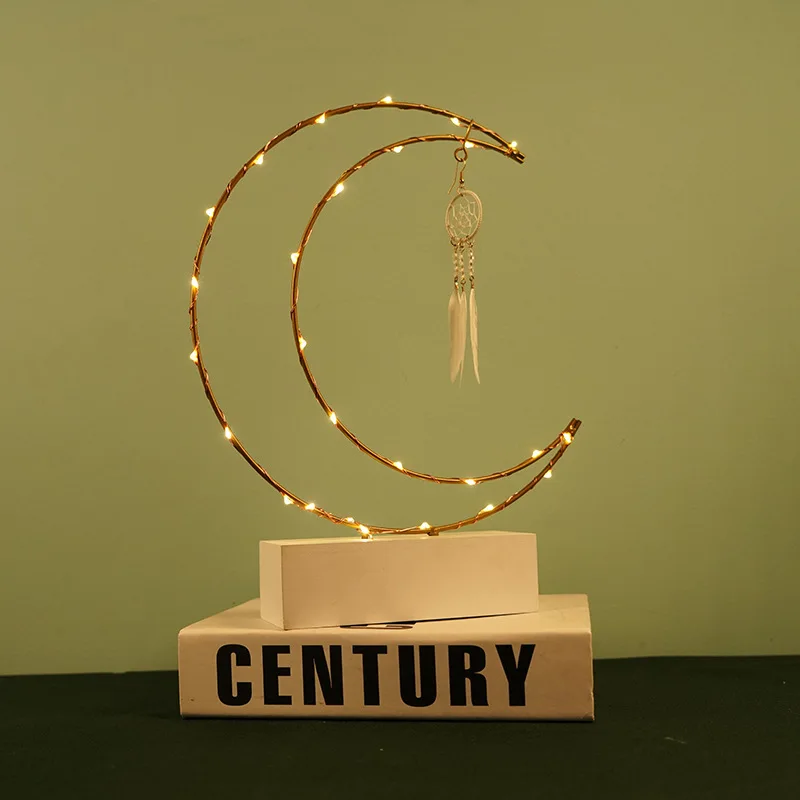 Nordic ins girl heart creative atmosphere night light living room bedroom bedside wrought iron wood bottom moon lamp shop dream